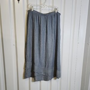 Flax Womens Blue Linen Pull On Elastic Waist Midi Skirt Size Large Ruffle Hem